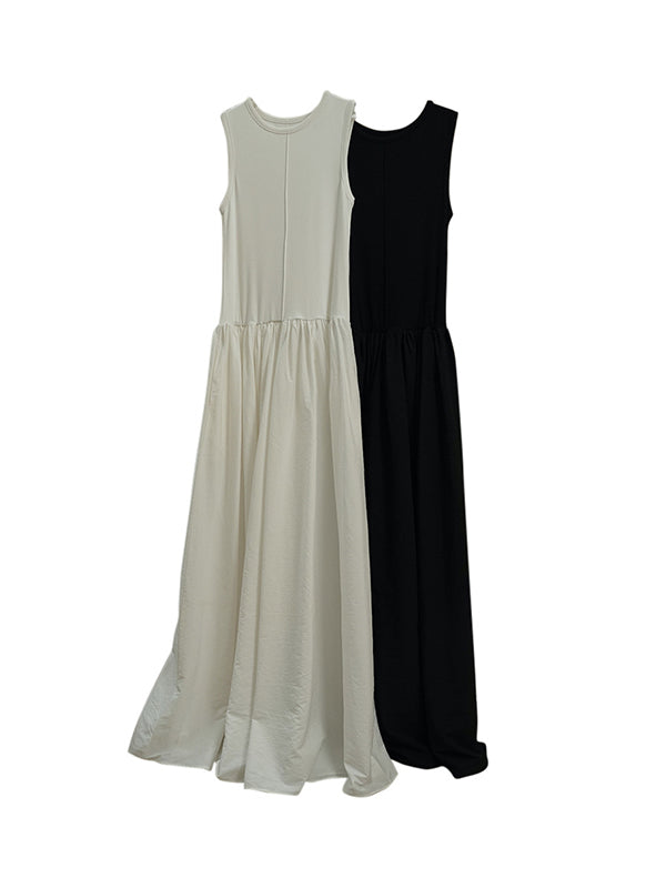 Pleated Solid Color Split-Joint Loose Sleeveless Round-Neck Maxi Dresses