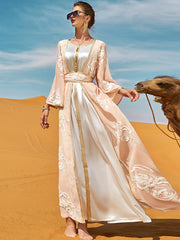 Vacation Loose Long Sleeves Embroidered Solid Color Round-Neck Dress