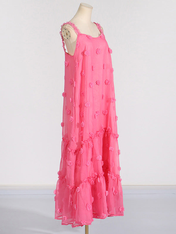 Layered Pleated Split-Joint Three-Dimensional Flower A-Line High Waisted Spaghetti-Neck Maxi Dresses