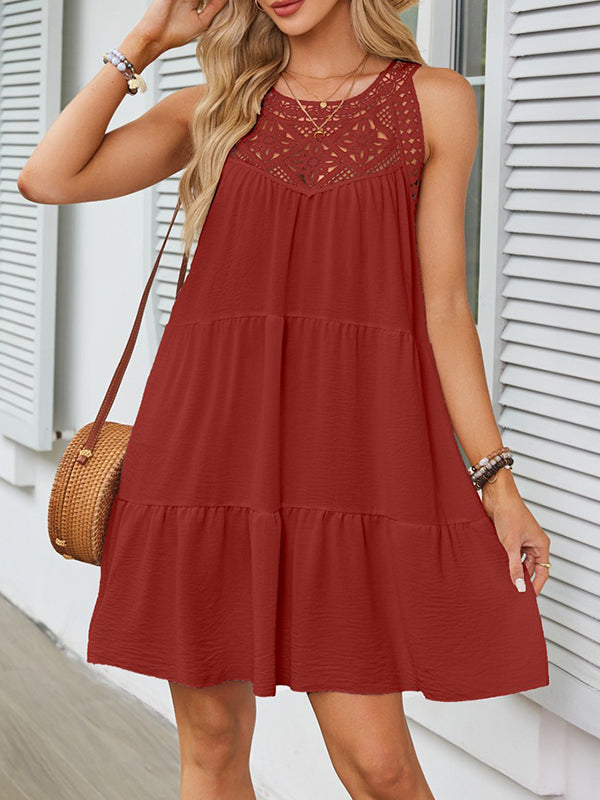 Hollow Pleated Solid Color Split-Joint A-Line Loose Round-Neck Mini Dresses