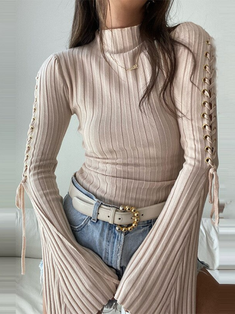 Lace Up Rib Flare Sleeve BodySuit