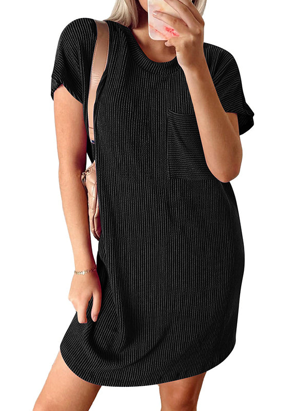 Contrast Color Pockets Split-Joint Striped A-Line Loose Round-Neck Mini Dresses