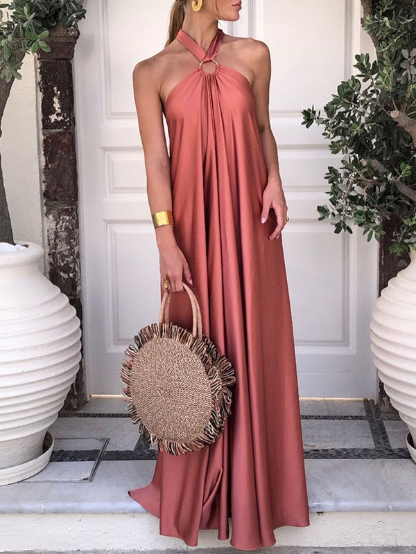Backless Solid Color Tied A-Line Loose Halter-Neck Maxi Dresses
