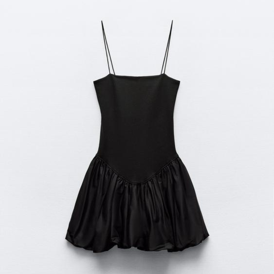 Black Contrast Ribbed Puff Skirt Dress
