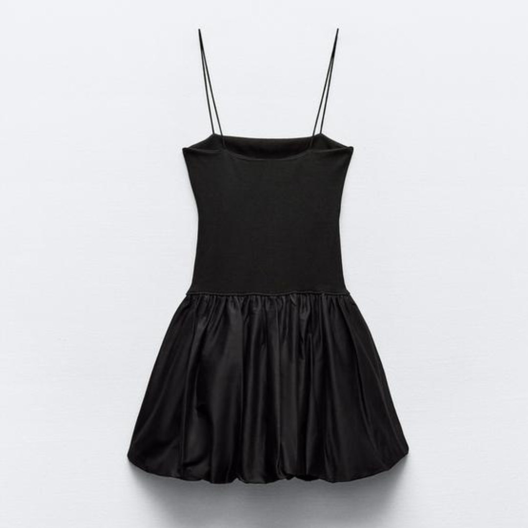Black Contrast Ribbed Puff Skirt Dress