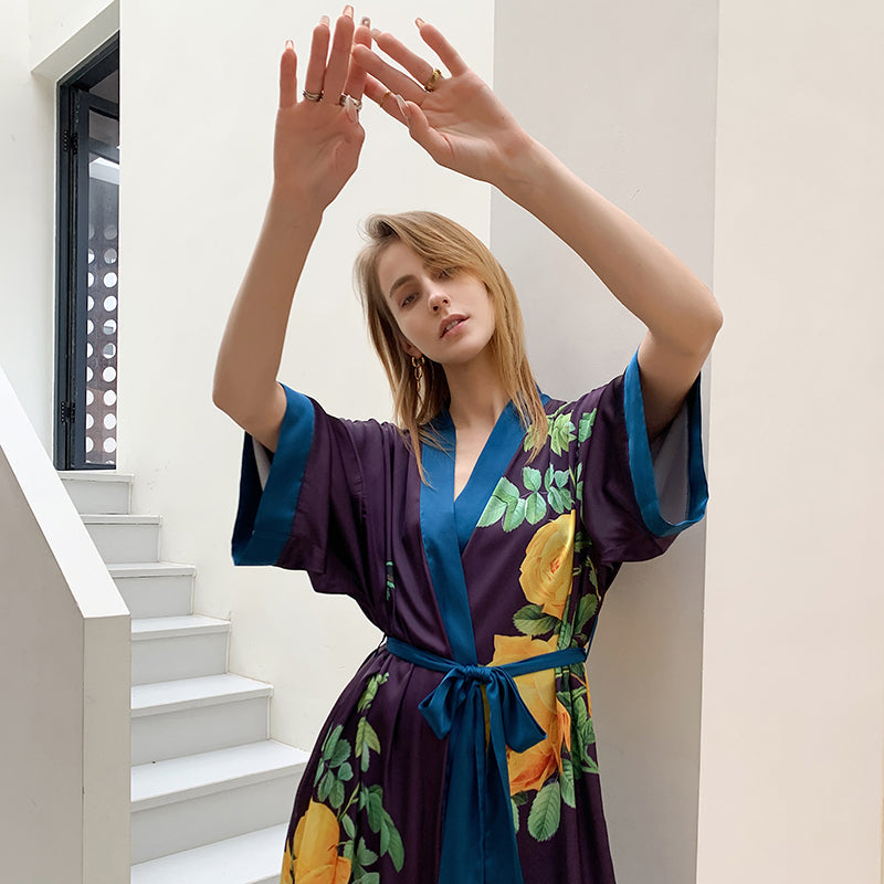 Purple Light Luxury Silky Satin Kimono Robe