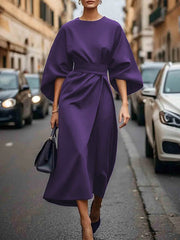 Pleated Solid Color Split-Joint Loose Puff Sleeves Round-neck Midi Dresses