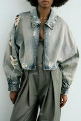 Autumn   Collared Worn Looking Washed out Perforated Hole Decoration Denim Short Jacket