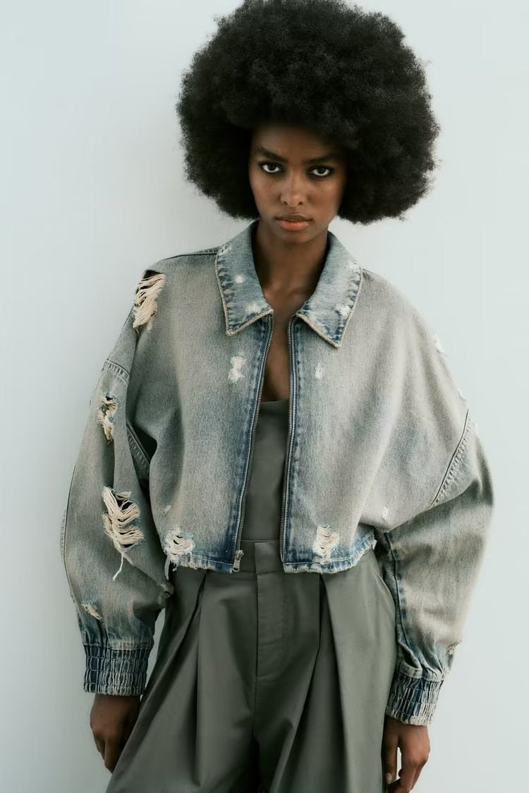 Autumn   Collared Worn Looking Washed out Perforated Hole Decoration Denim Short Jacket