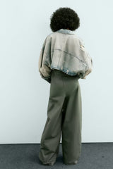 Autumn   Collared Worn Looking Washed out Perforated Hole Decoration Denim Short Jacket