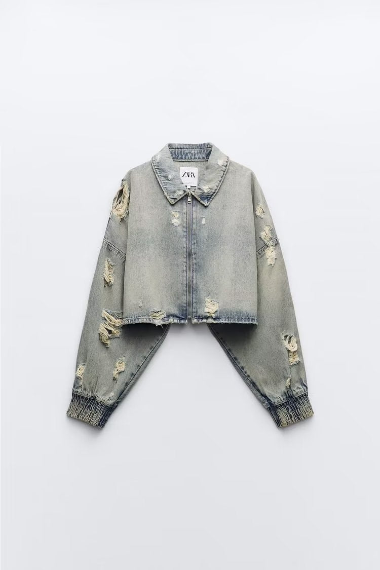 Autumn   Collared Worn Looking Washed out Perforated Hole Decoration Denim Short Jacket