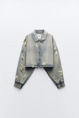 Autumn   Collared Worn Looking Washed out Perforated Hole Decoration Denim Short Jacket