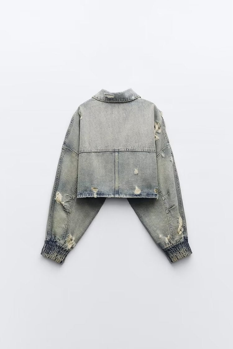 Autumn   Collared Worn Looking Washed out Perforated Hole Decoration Denim Short Jacket