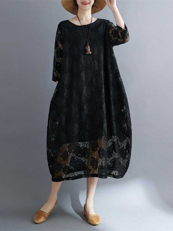 Hollow Solid Color Half Sleeves Loose Round-Neck Midi Dresses