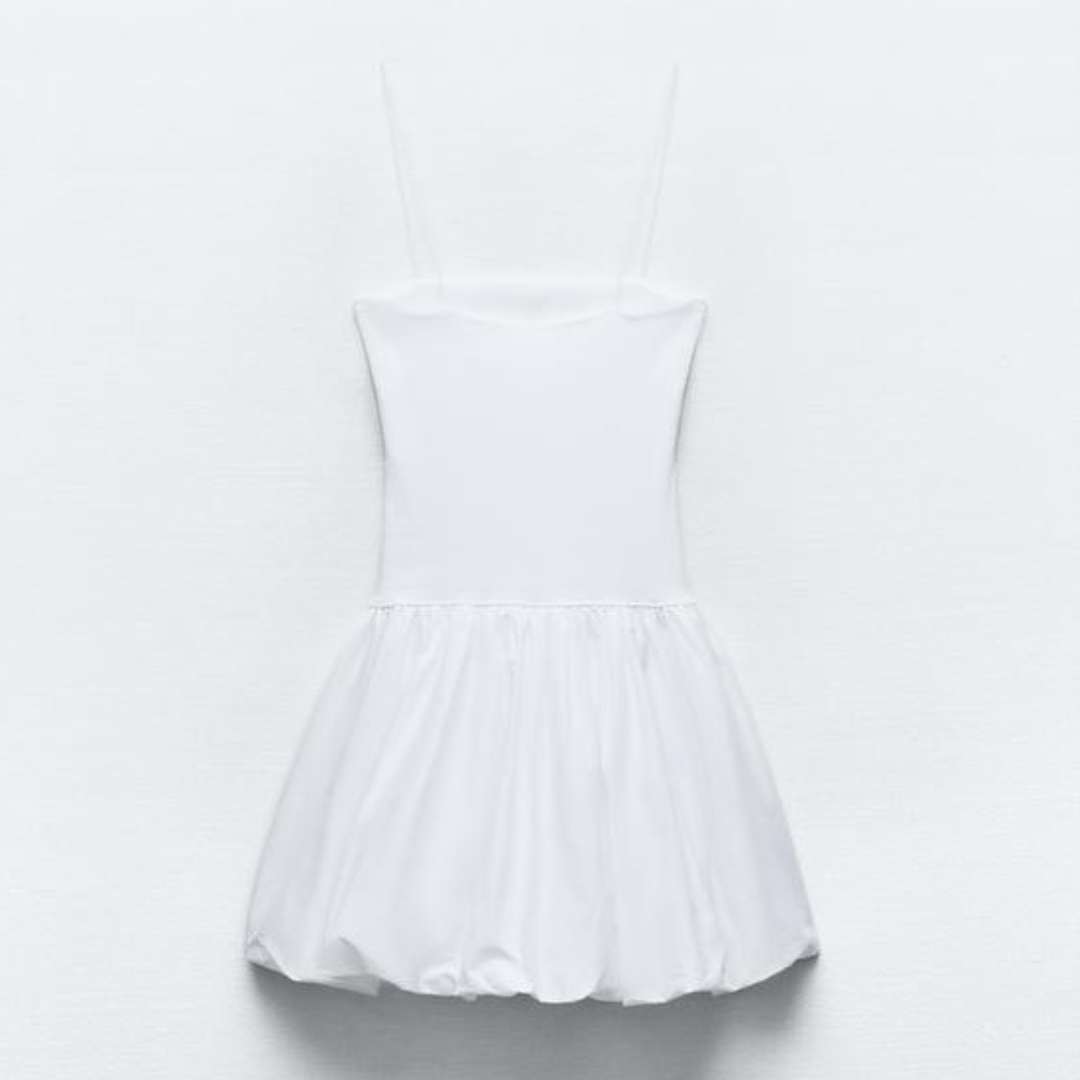 White Contrast Ribbed Puff Skirt Dress