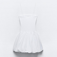 White Contrast Ribbed Puff Skirt Dress