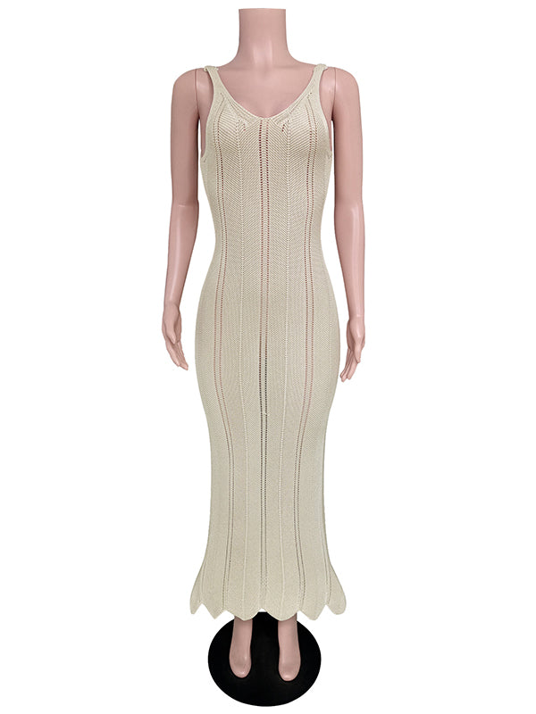 Backless Hollow See-Through Solid Color Split-Joint Skinny Sleeveless Wide Straps Maxi Dresses