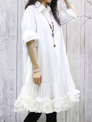 Buttoned Pleated Ruffled Solid Color Long Sleeves Loose Lapel Shirt Dress Midi Dresses