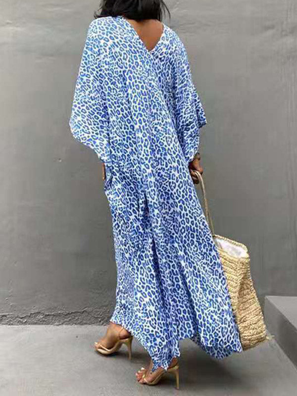Leopard Split-Side Sun Protection Batwing Sleeves Loose V-Neck Maxi Dresses Cover-Ups Swimwear