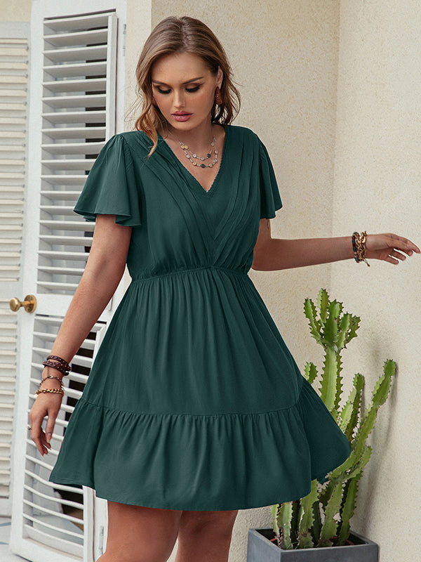 Vacation A-Line High Waisted Solid Color V-Neck Mini Dress