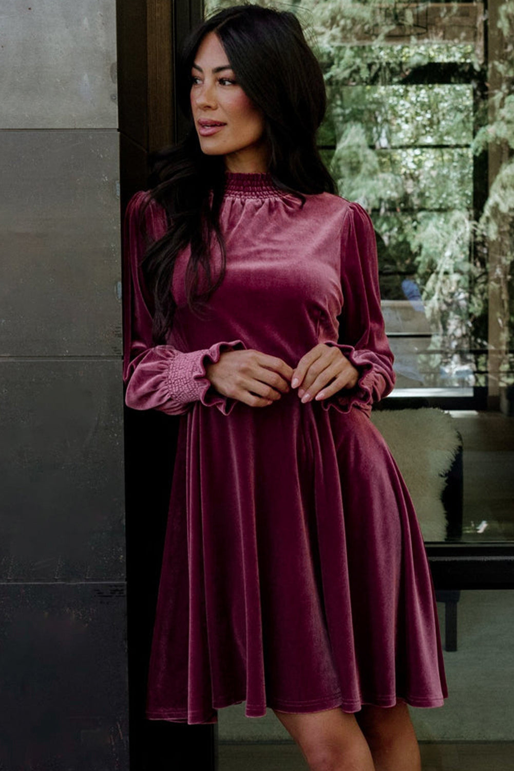 Burgundy Long Sleeve Dress Smocked High Neck Flounce Sleeve Velvet Dre