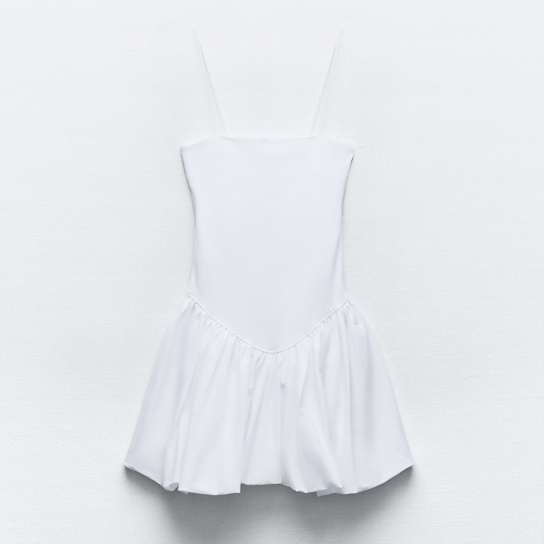 White Contrast Ribbed Puff Skirt Dress