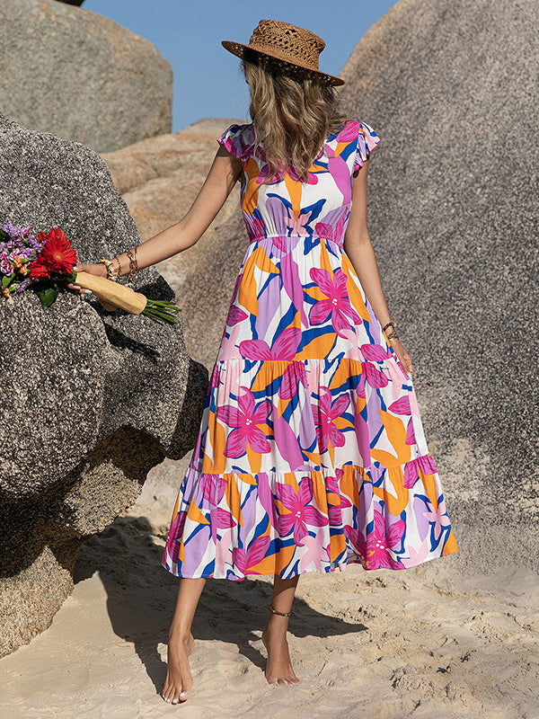 Bohemia A-Line Flared Sleeves V-Neck Maxi Dress