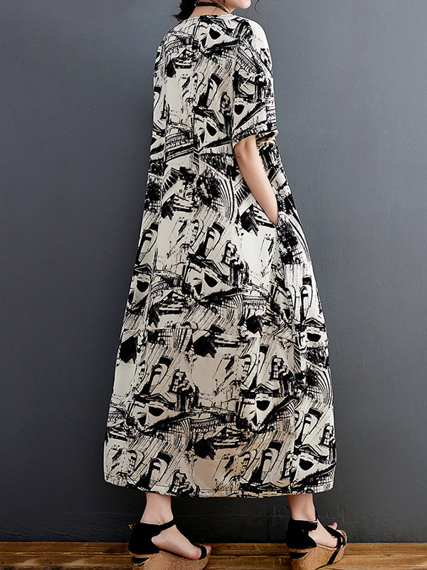 Abstract Printed Half Sleeves Loose Round-Neck Midi Dresses