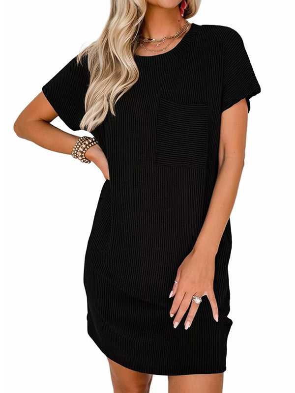 Contrast Color Pockets Split-Joint Striped A-Line Loose Round-Neck Mini Dresses