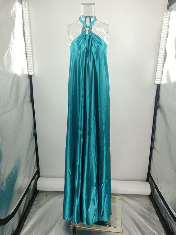 Backless Solid Color Tied A-Line Loose Halter-Neck Maxi Dresses