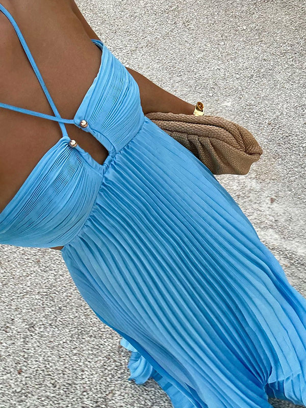Solid Color Pleated Bandage Spaghetti-Neck Elegant Satin Maxi Dresses