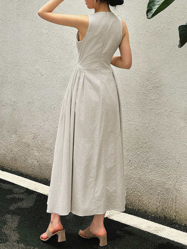 Buttoned Elasticity Pleated Solid Color A-Line Loose Round-Neck Maxi Dresses