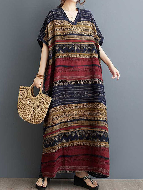 Split-Joint Striped A-Line Batwing Sleeves V-Neck Maxi Dresses