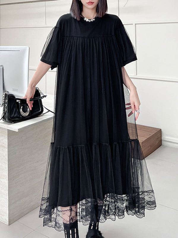 Gauze Pleated Solid Color Split-Joint Tiered Fake Two-Piece Loose Round-Neck Midi Dresses