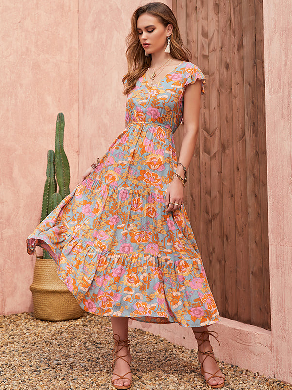 Bohemia A-Line Flared Sleeves V-Neck Maxi Dress