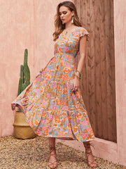 Bohemia A-Line Flared Sleeves V-Neck Maxi Dress