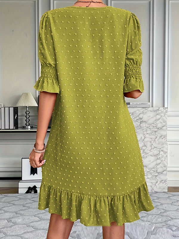 Elasticity Jacquard Pleated Solid Color Split-Joint A-Line Flared Sleeves V-Neck Mini Dresses