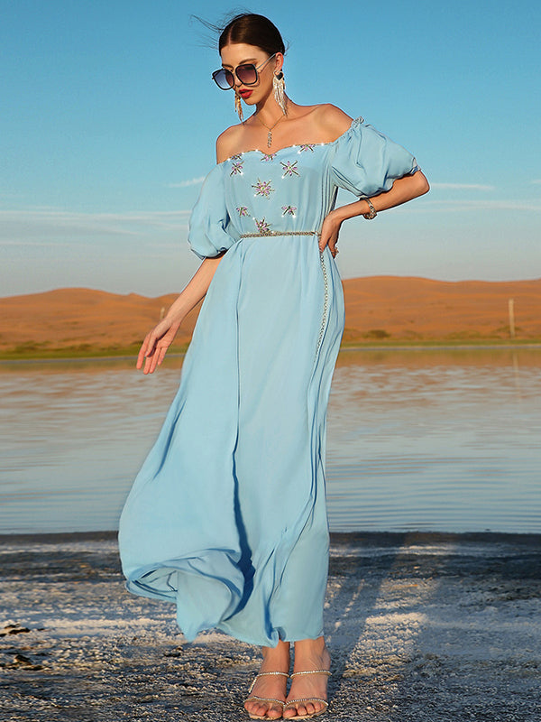 Vacation Loose Puff Sleeves Solid Color One-Shoulder Dress