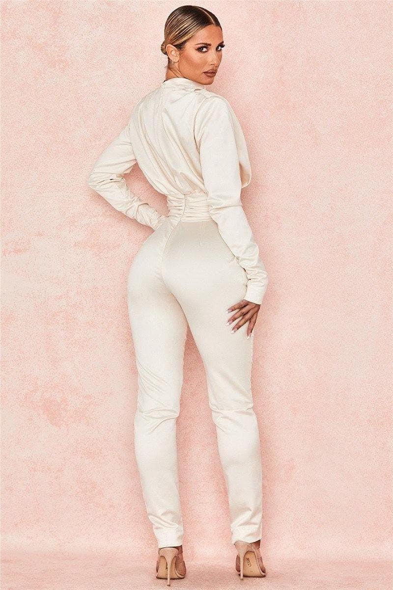 white satin pleated waist slim slimming jumpsuit