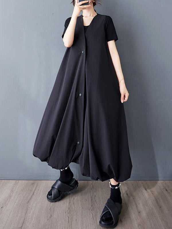 Buttoned Pleated Pockets Solid Color A-Line Loose V-Neck Vest Outerwear Midi Dresses
