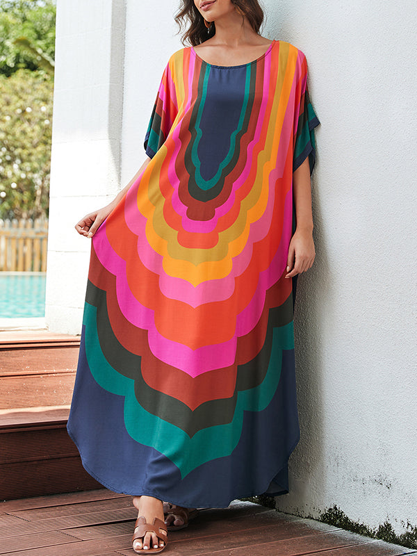 Contrast Color Printed Sun Protection Batwing Sleeves Loose Round-Neck Maxi Dresses