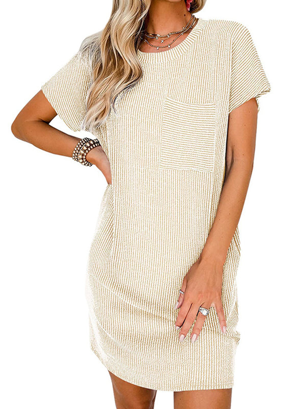 Contrast Color Pockets Split-Joint Striped A-Line Loose Round-Neck Mini Dresses