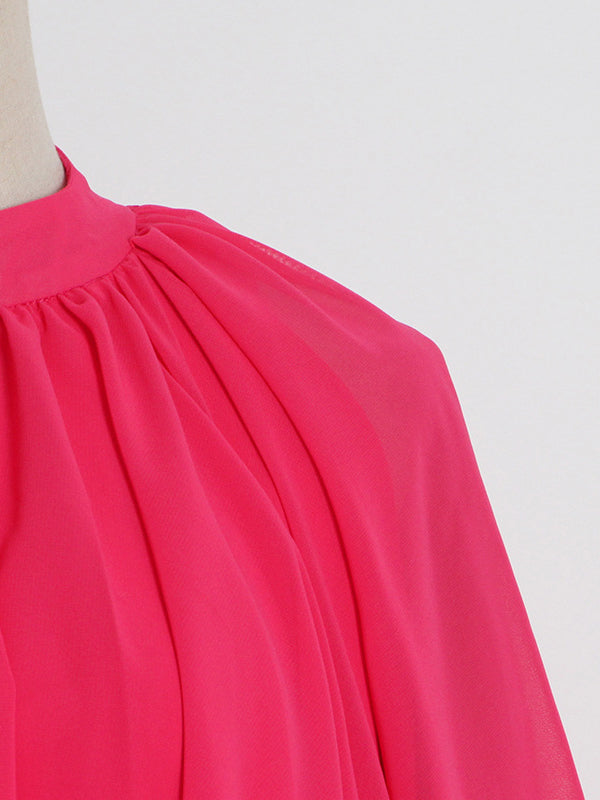Solid Color Tiered Loose Raglan Sleeve Stand Collar Maxi Dresses
