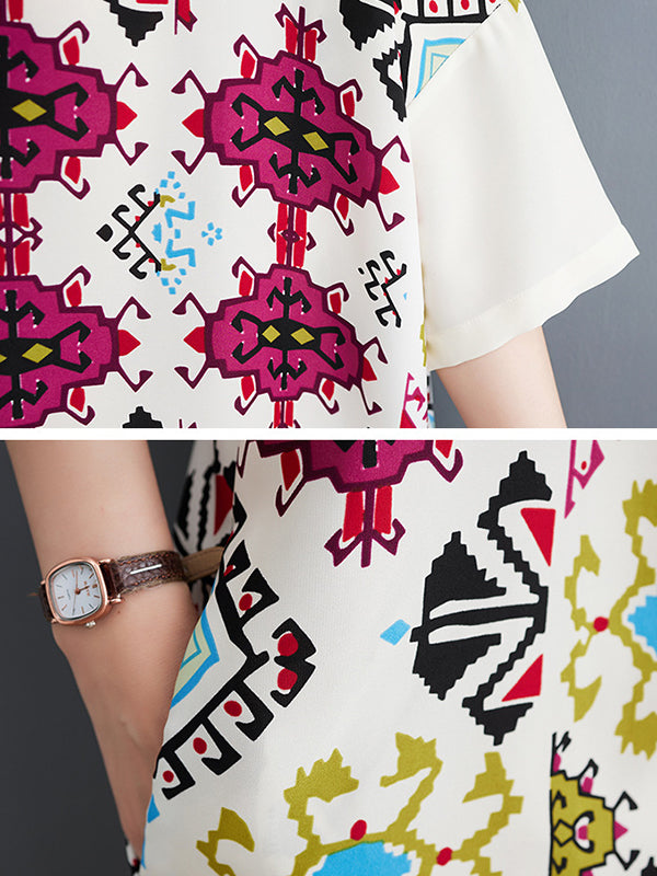 Ethnic Printed Loose Short Sleeves Lapel Midi Dresses