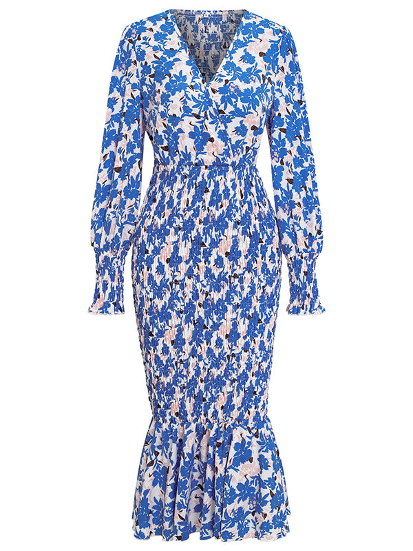 Bohemia Loose Puff Sleeves Floral Printed V-Neck Dress