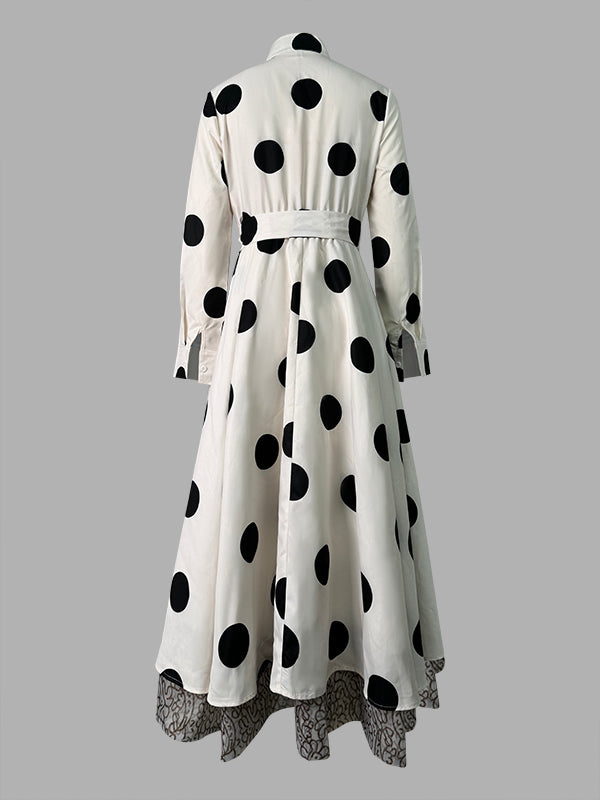 Belted Lace-Up Pockets Polka Dot Split-Joint A-line High Waisted Stand Collar Maxi Dresses