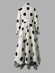 Belted Lace-Up Pockets Polka Dot Split-Joint A-line High Waisted Stand Collar Maxi Dresses
