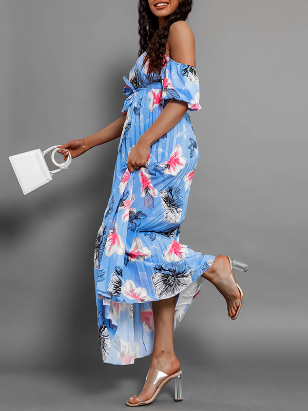 Elasticity Flower Print Pleated Split-Joint Tied Waist A-Line Loose Off-The-Shoulder Maxi Dresses