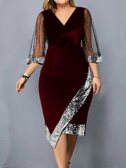 Contrast Color Mesh Sequined Split-Joint Bodycon Wrap V-Neck Midi Dresses