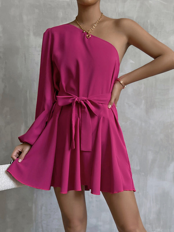 Vacation High Waisted Lace-Up One-Shoulder Mini Dress